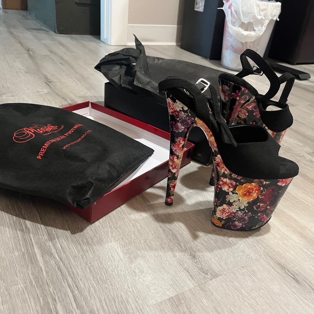 Pleaser Black and Floral Platform Heels - Picture 2 of 3
